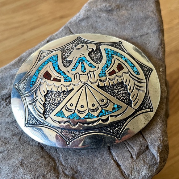 Vintage Thunderbird Belt Buckle Navajo Mosaic Turquoise Chip Jimmie J NEZZIE - Picture 2 of 11
